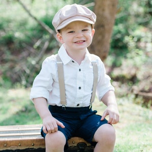 Ring Bearer Outfit Toddler Tan for Weddings - Tan Suspenders & Tan Newsboy Cap