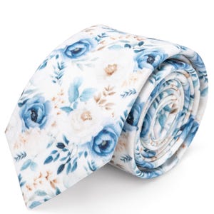 Dusty Blue Cream Floral Tie for Men, Dusty Blue Cream Tie for Toddler Boys, Skinny Wedding Tie, Ties for Groom & Groomsmen, Blue Necktie Men
