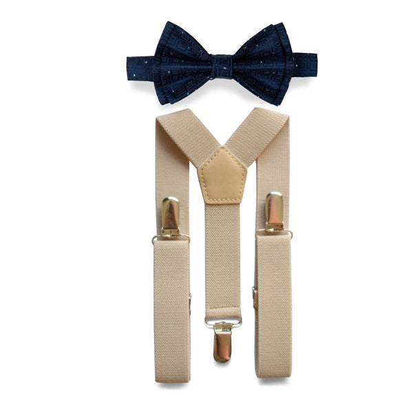 Navy Polka Dot Bow Tie & Tan Beige Suspenders Set, Bow Tie Suspenders for Baby Boys, Bow Tie Suspenders for Toddler, Mens Bow Tie Suspenders