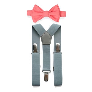 Coral Bow Tie & Light Grey Suspenders for Weddings, Groom, Groomsmen, Ring Bearer