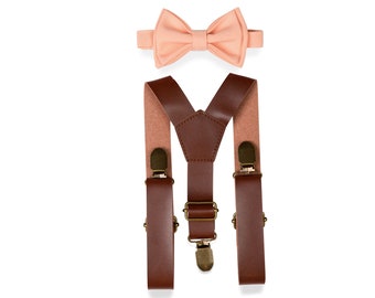 Brown Leather Suspenders & Bellini Peach Bow Tie for Weddings, Prom, Homecoming, Quinceañera, Suspenders Bow Tie for Men