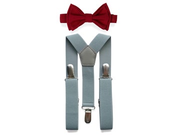 Burgundy Wine Bow Tie & Light Grey Suspenders for Baby, Toddler, Boy, Child, Teen, Men, Bow Tie Suspenders for Groom and Groomsmen