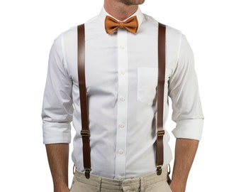 Rust Copper Bow Tie & Brown Leather Suspenders Boys Mens, Bow Tie Suspenders Weddings Groom Groomsmen, Ring Bearer Outfit