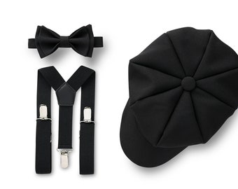 Ring Bearer Outfit Black for Weddings, Black Newsboy Hat, Black Bow Tie, Black Suspenders for Toddler Boys, Ring Bearer Outfit Toddler