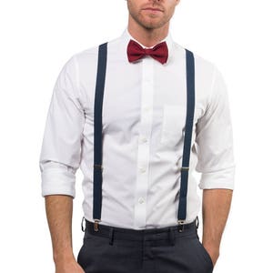 Burgundy Bow Tie & Navy Suspenders for Baby Toddler Boy Men, Suspenders Bow Tie Set, Wedding Bow Tie, Wedding Suspenders image 1