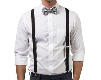 Black Suspenders & Black Gingham Bow Tie Set, Bow Tie Suspenders for Groomsmen, Bow Tie Suspenders for Mens, Wedding Bow Ties