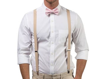 Blush Pink Bow Tie & Tan Suspenders for Groom, Groomsmen, Ring Bearer, Weddings, Bow Tie Suspenders for Men