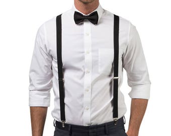 Black Bow Tie & Black Suspenders for Groom Groomsmen Prom, Ring Bearer Outfit, Classic Wedding Outfit