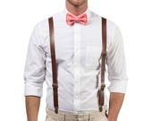 Brown Leather Suspenders & Coral Bow Tie for Baby Toddler Boy Men, Wedding Bow Tie Suspenders, Bow Tie Suspenders for Mens Groom Groomsmen