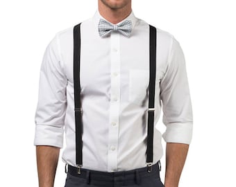 Light Grey Gingham Bow Tie & Black Suspenders Wedding, Bow Tie Suspenders Mens, Bow Tie Suspenders Groom Groomsmen