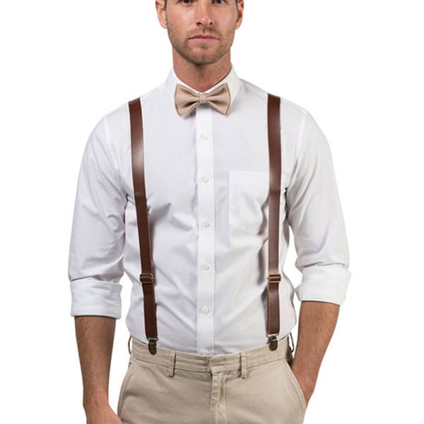 Brown Leather Suspenders & Beige Bow Tie for Baby Toddler Boy Men, Wedding Bow Tie Suspenders for Groom and Groomsmen