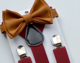 Rust Copper Bow Tie & Burgundy Suspenders for Baby Toddler Boy Men, Bow Tie Suspenders for Mens, Bow Tie Suspenders for Boys