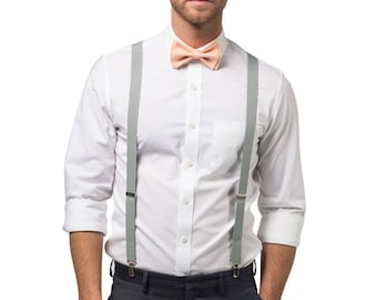 Peach Bellini Bow Tie & Light Grey Suspenders for Wedding, Groom, Groomsmen, Ring Bearer, Prom