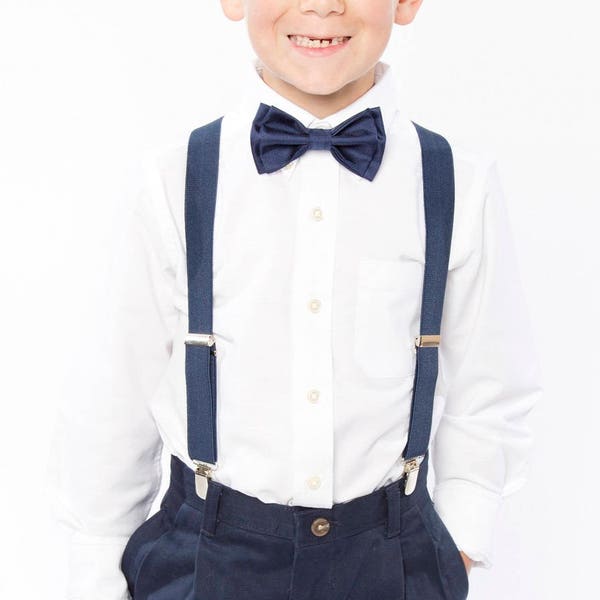 Navy Blue Bow Tie & Navy Blue Suspenders for Boys, Bow Tie Suspenders for Mens, Wedding Suspenders Bow Tie Set