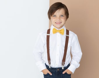 Brown Suspenders Gold Marigold Bow Tie Set, Bow Tie Suspenders Man, Bow Tie Suspenders Boys