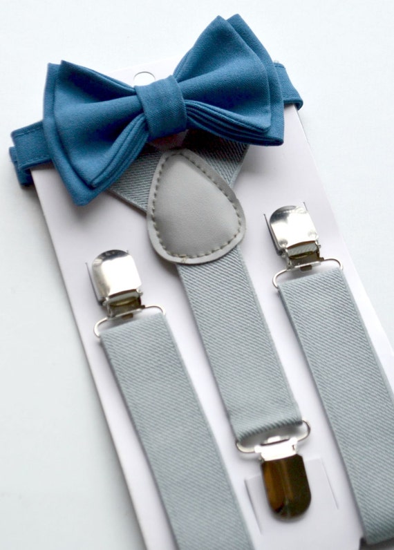 Dusty Blue Bow Tie & Light Gray Suspenders for Groom | Etsy