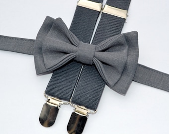 Charcoal Grey Suspenders & Bow Tie Set for Baby Toddler Boy Teen Men 