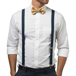 Gold Bow Tie & Navy Suspenders for Groom, Groomsmen, Ring Bearer Outfit, Weddings, Bow Tie Suspenders for Mens