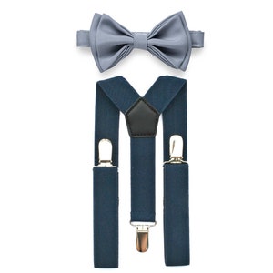 Dusty Blue Bow Tie and Navy Blue Suspenders for Baby Toddler Boy Men, Bow Tie Suspenders Set, Kids Bow Tie Suspenders