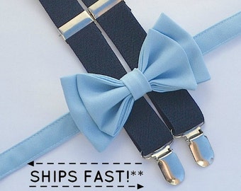 Navy Suspenders & Baby Blue Bow Tie for Baby Toddler Boy Men, Bow Tie Suspenders for Mens, Bow Tie Suspenders for Boys