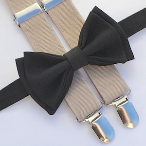 Black Bow Tie & Tan Beige Suspenders Set, Bow Ties for Boys, Kids Suspenders, Black Ring Bearer Outfit, Classic Wedding, Suspenders for Men