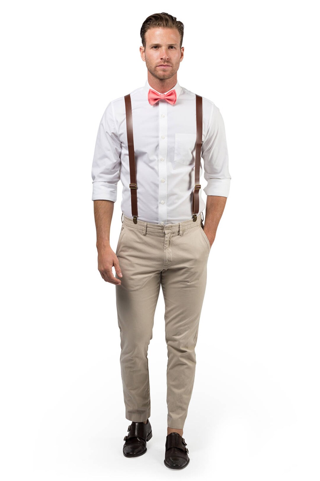 Brown Suspenders For Men Brown PU Leather Suspenders Bow Tie Set