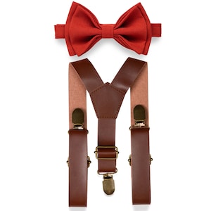 Terracotta Bow Tie Brown Leather Suspenders Set Wedding, Terra cotta Bow Tie Suspenders Man, Bow Tie Suspenders Toddler Boy Mens