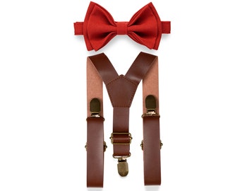 Terracotta Bow Tie Brown Leather Suspenders Set Wedding, Terra cotta Bow Tie Suspenders Man, Bow Tie Suspenders Toddler Boy Mens