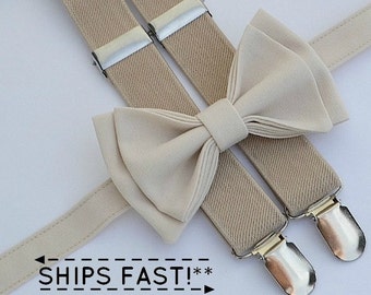 Ivory Cream Bow Tie & Beige Suspenders for Baby Toddler Boy Men || Weddings Prom Homecoming Quinceañera