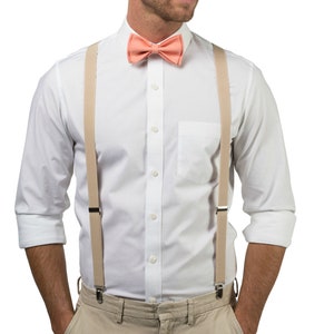 Peach Coral Bow Tie & Beige Suspenders for Groom, Groomsmen, Ring Bearer Outfit, Weddings Outfits