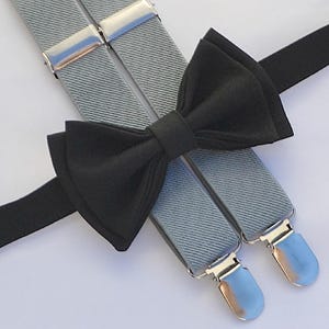 Light Gray Suspenders & Black Bow Tie Set, Classic Wedding Bow Tie Suspenders, Toddler Suspenders, Bow Ties for Men, Ring Bearer Outfit