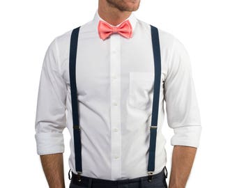 Bow Tie Suspenders for Mens, Coral Bow Tie & Navy Suspenders for Weddings, Bow Tie Suspenders for Groom and Groomsmen