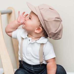 Baby Ring Bearer Outfit Tan for Weddings - Tan Suspenders & Tan Newsboy Cap