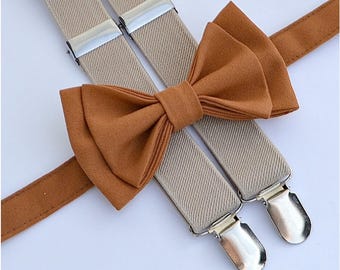 Rust Copper Bow Tie & Tan Beige Suspenders, Boys Suspenders, Kids Bow Ties, Fall Wedding Attire Ring Bearer Groom Groomsmen, Men&#39;s Bowties