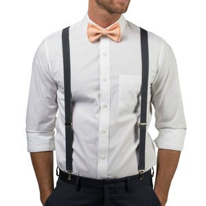Bow Tie & Suspenders Set, Bellini Peach Bow Tie, Charcoal Gray Suspenders, Bow Tie Suspenders for Boys Mens Baby