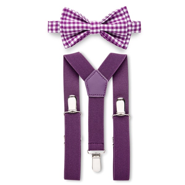 Purple Gingham Bow Tie & Eggplant Purple Suspenders, Wedding Bow Ties and Wedding Suspenders, Bow Tie Suspenders Boys Mens