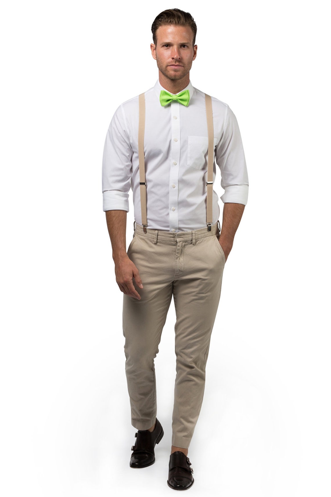 lime green bow tie and suspenders