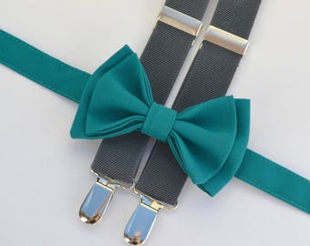 Teal Bow Tie & Charcoal Grey Suspenders for Baby Toddler Boy Child Kids Men, Wedding Suspenders and Bow Ties