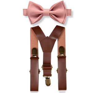 Brown Leather Suspenders & Dusty Rose Bow Tie for Baby Toddler Boy Men, Bow Tie Suspenders for Toddler, Bow Tie Suspenders for Mens