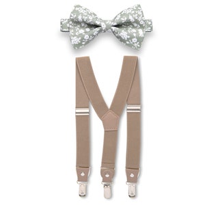 Dusty Sage Bow Tie & Khaki Beige Suspenders Set, Wedding Bow Tie Suspenders, Bow Tie Suspenders Groom and Groomsmen