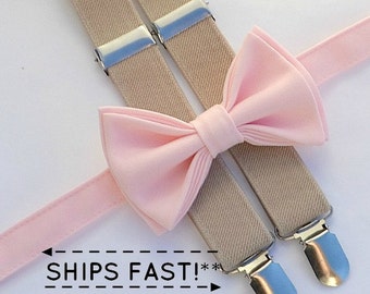 Light Pink Bow Tie & Beige Tan Suspenders, Bow Tie Suspenders for Mens, Bow Tie Suspenders for Boys, Ring Bearer Bow Tie Suspenders