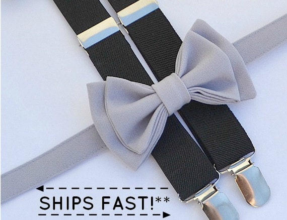 Light Gray Bow Tie & Black Suspenders with Light Gray Pocket | Etsy
