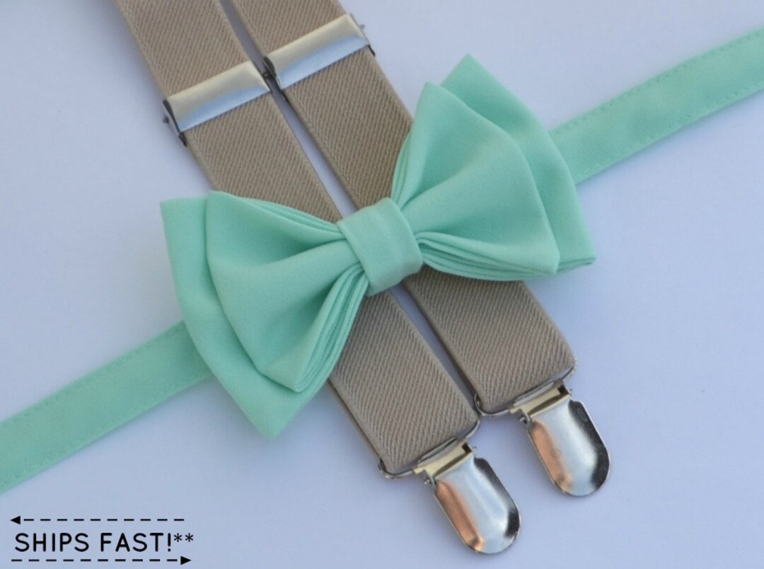 Mint Bow Tie & Beige Suspenders for Kids Men Weddings - Etsy