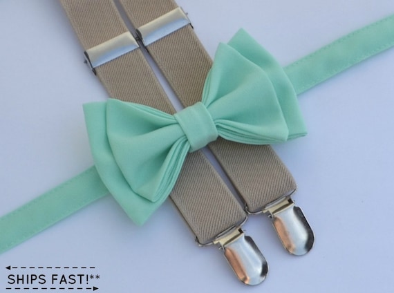 Mint Bow Tie & Beige Suspenders for Kids Men Weddings | Etsy
