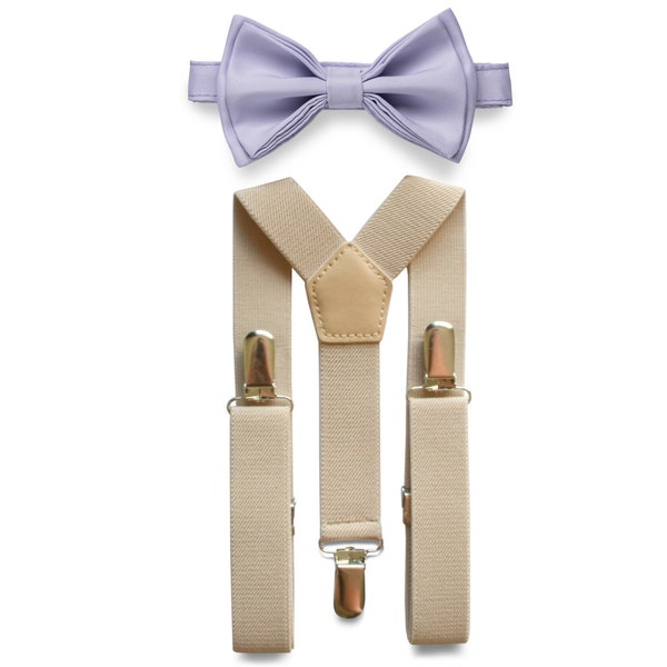 Lilac Purple Bow Tie and Tan Beige Suspenders Set, Bow Tie Suspenders for Toddlers, Wedding Bow Tie Suspenders