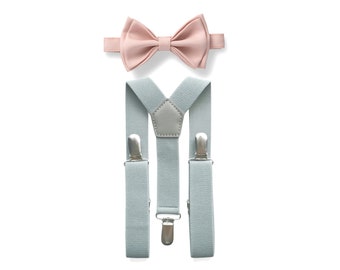 Blush Bow Tie & Light Grey Suspenders for Baby Toddler Boy Men, Bow Tie Suspenders for Mens, Bow Tie Suspenders for Toddlers
