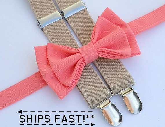 Coral Bow Tie & Tan Beige Suspenders Suspenders Bow Tie Set | Etsy