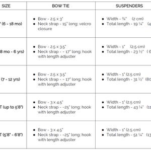 Armoniia bow tie and suspenders measurements table