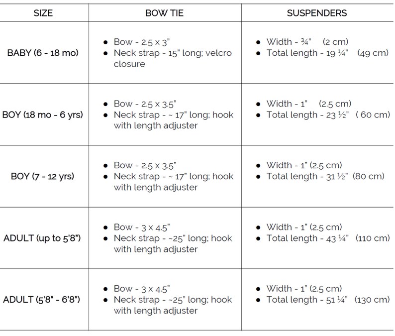 Armoniia bow tie and suspenders measurements table