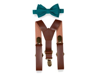 Teal Forest Green Bow Tie & Brown Leather Suspenders, Bow Tie Suspenders for Toddlers, Ring Bearer Bow Tie Suspenders